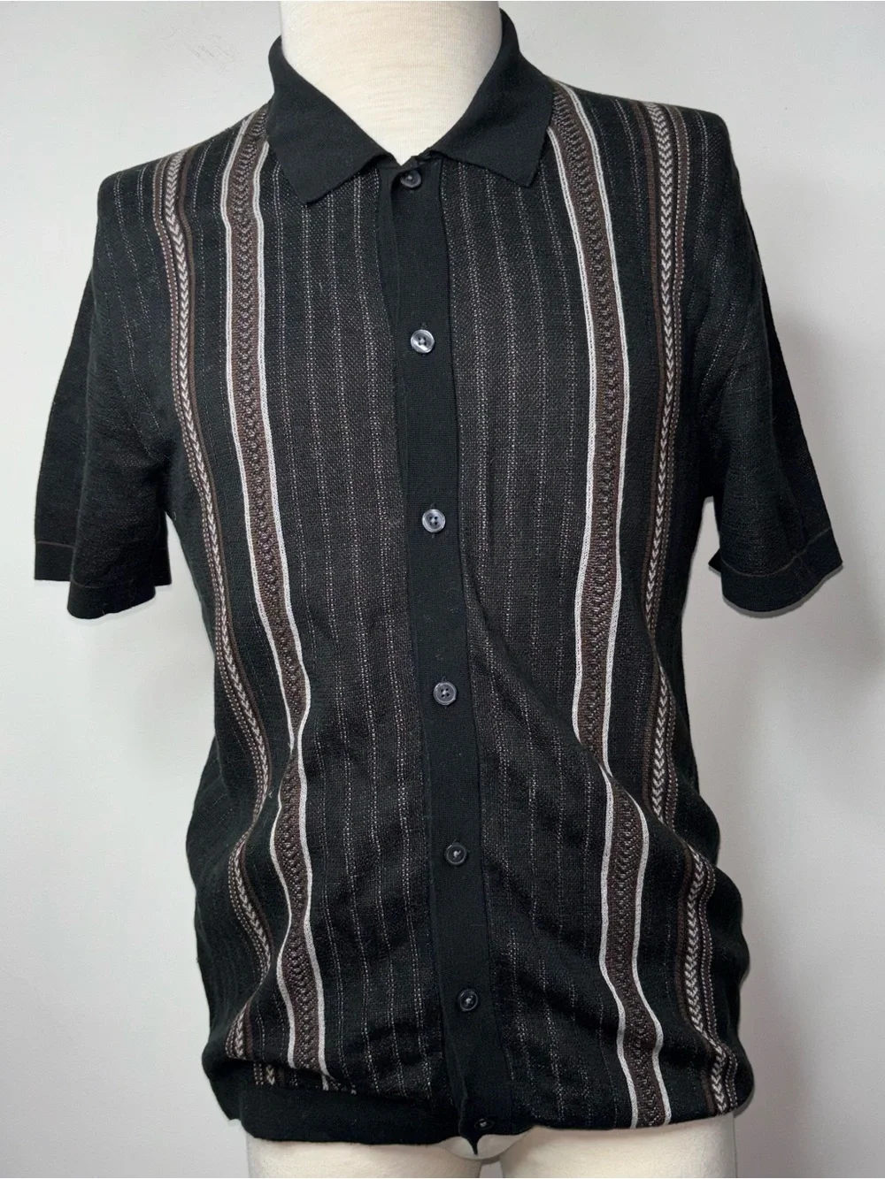 Banana Republic Retro Sweater Polo Mens M Button Black Striped Camp Collar